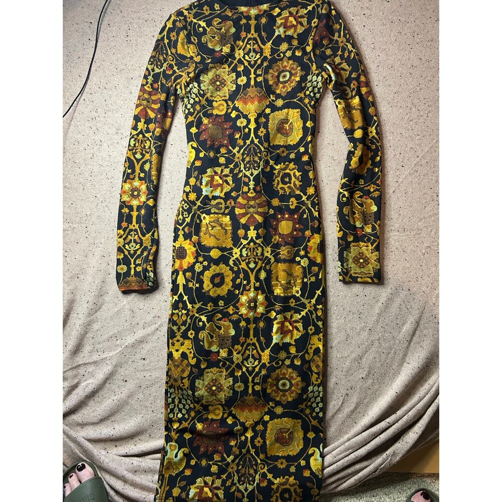 Ronny Kobo Tapestry Print Long Sleeve Midi Dress Bodycon Size Small
